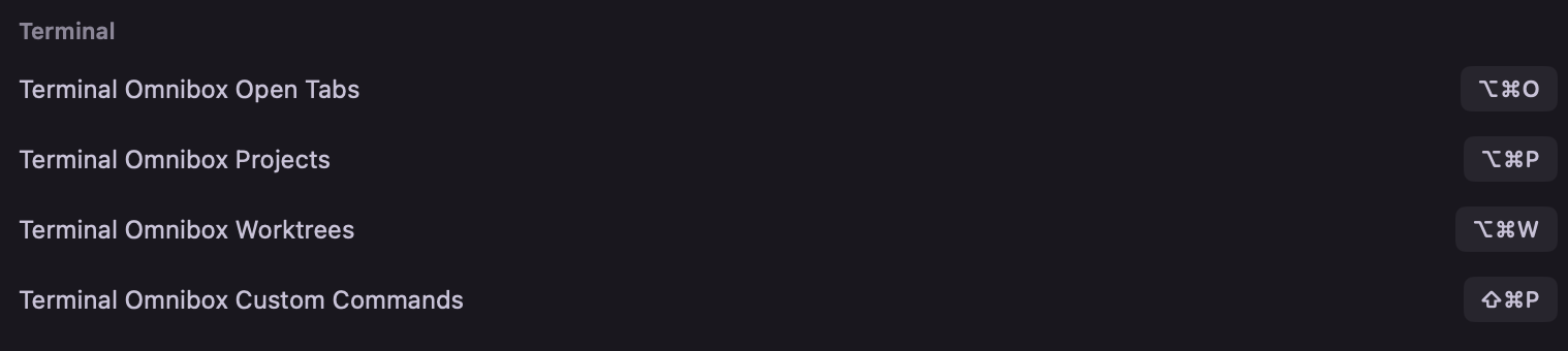 OmniBox shortcuts — tabs, projects, worktrees, commands
