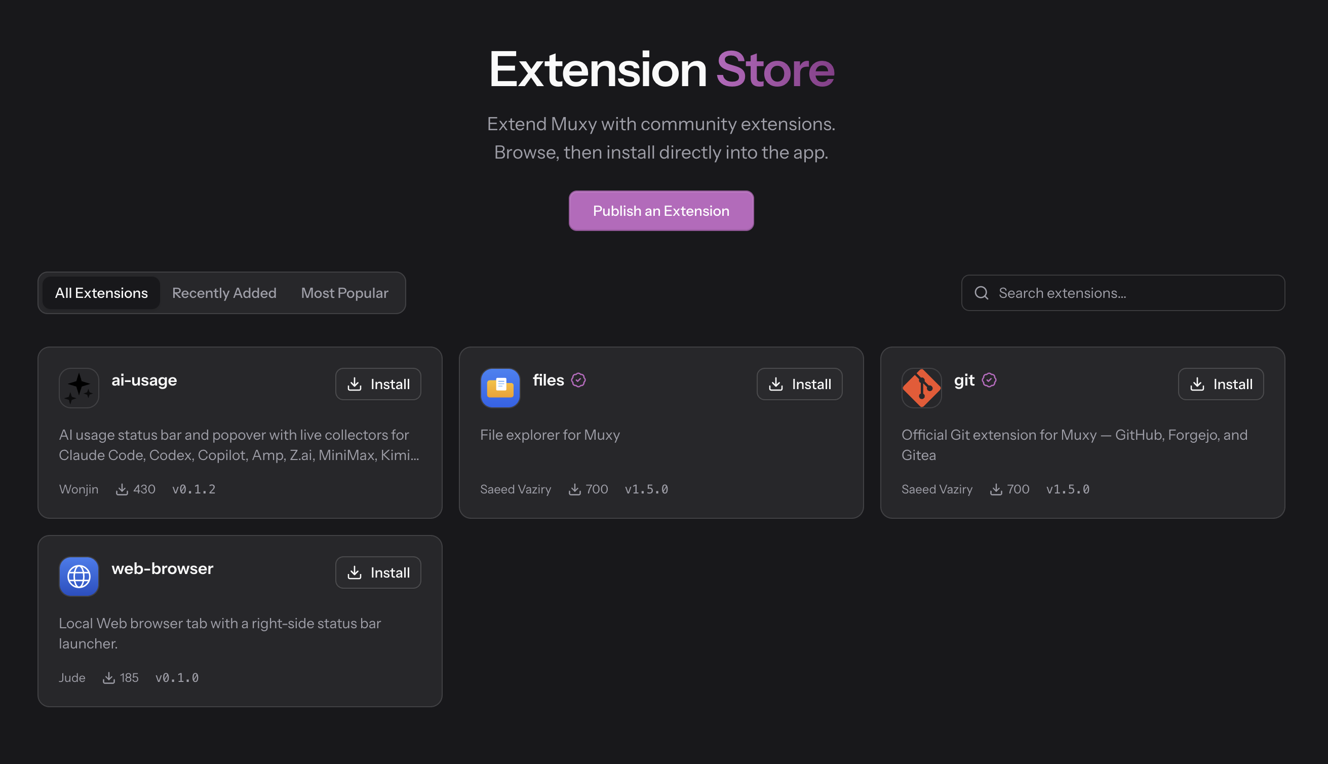 Muxy Extension Store at launch — 4 extensions available