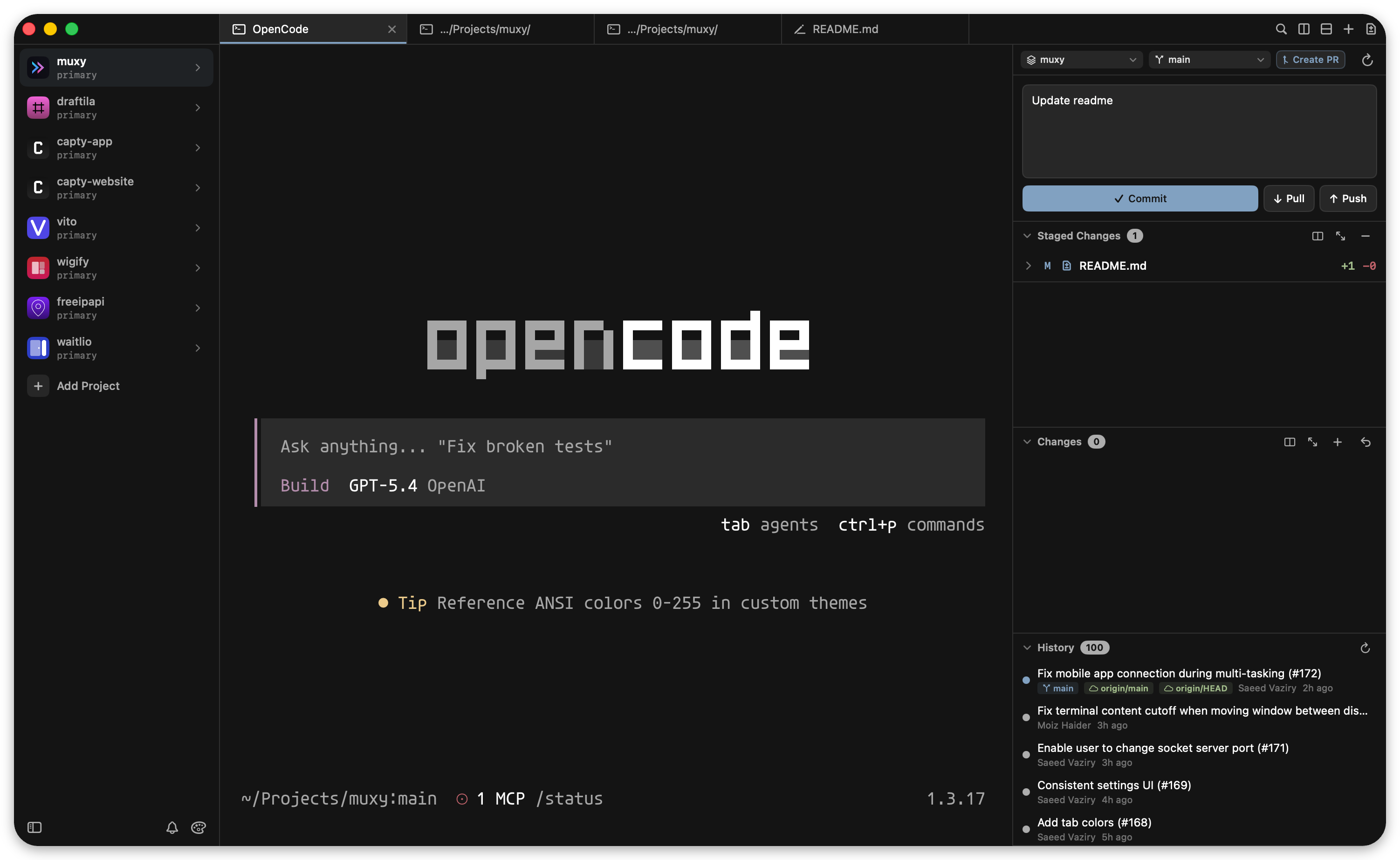 Screenshot of git worktree creation in Muxy